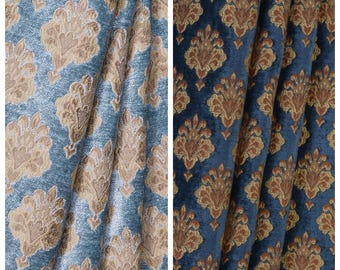 Große Auswahl an floralem Damast-Samtstoff. Geeignet für Polsterarbeiten, Vorhänge, Raffrollos, Gardinen und Heimtextilien. Farben: Hellblau, Marineblau, Goldbeige, Braun.
