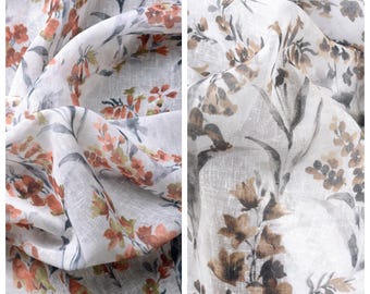 Floral Print Sheer Curtains. Light-Filtering Window Drapes. Custom Size/ Length/ Width. Pleated/ Casual Header. White/ Orange/ Beige/ Brown