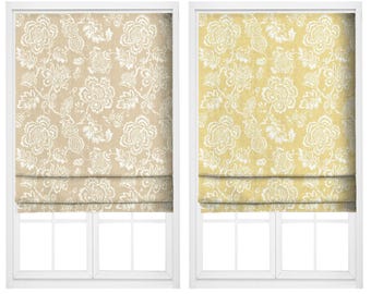 Modern Jacobean Floral Roman Shades. Custom Size Window Blind for Kitchen, Bedroom, Living, Bath. Blackout Add-On. Corn Yellow/ Salmon Beige