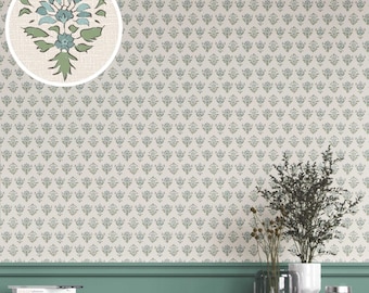 Floral Block Print Wallpaper. Removable Peel & Stick / Unpasted Options. Extra Wide Roll. Floral Patterned. Green/ Pale Blue (Prairie View)