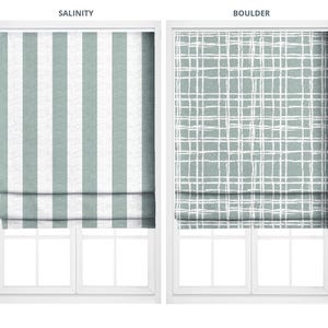 Aqua Blue Awning Striped/ Abstract Checkered Roman Shades. Custom Size Window Blinds for Kitchen, Bedroom, Living, Bath. Blackout Add-On.