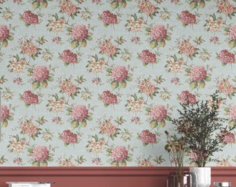 English Floral Wallpaper. Extra Wide Roll. Non-Woven, Unpasted, High Grade Wallpaper. Blue/ Pink/ Green (Panama)