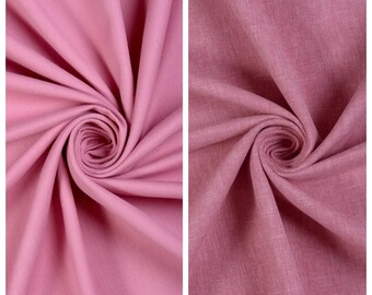 May include: Two swatches of fabric in a pink hue. The swatch on the left is a smooth, solid pink fabric labeled "Narrow Creek". The swatch on the right is a textured, slightly darker pink fabric labeled "Cover Story".