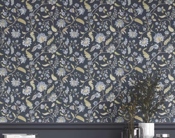 Floral Wallpaper. Removable Peel & Stick / Unpasted Options. Extra Wide Roll. Botanical Patterned. Blue/ Green (Soft Suede)
