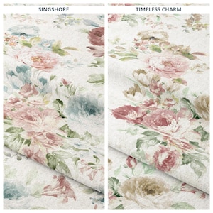 May include: Floral fabric with a watercolor effect. The design features large roses in shades of pink, red, and cream, with accents of blue and green. The text "Singshore" and "Timeless Charm" are visible at the top.