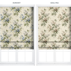 English Floral Print Roman Shades & Fabric Window Blinds. Custom Sizes - Long, Short or Wide. Blackout Add-On. Blue/ Creamy-Beige/ Green