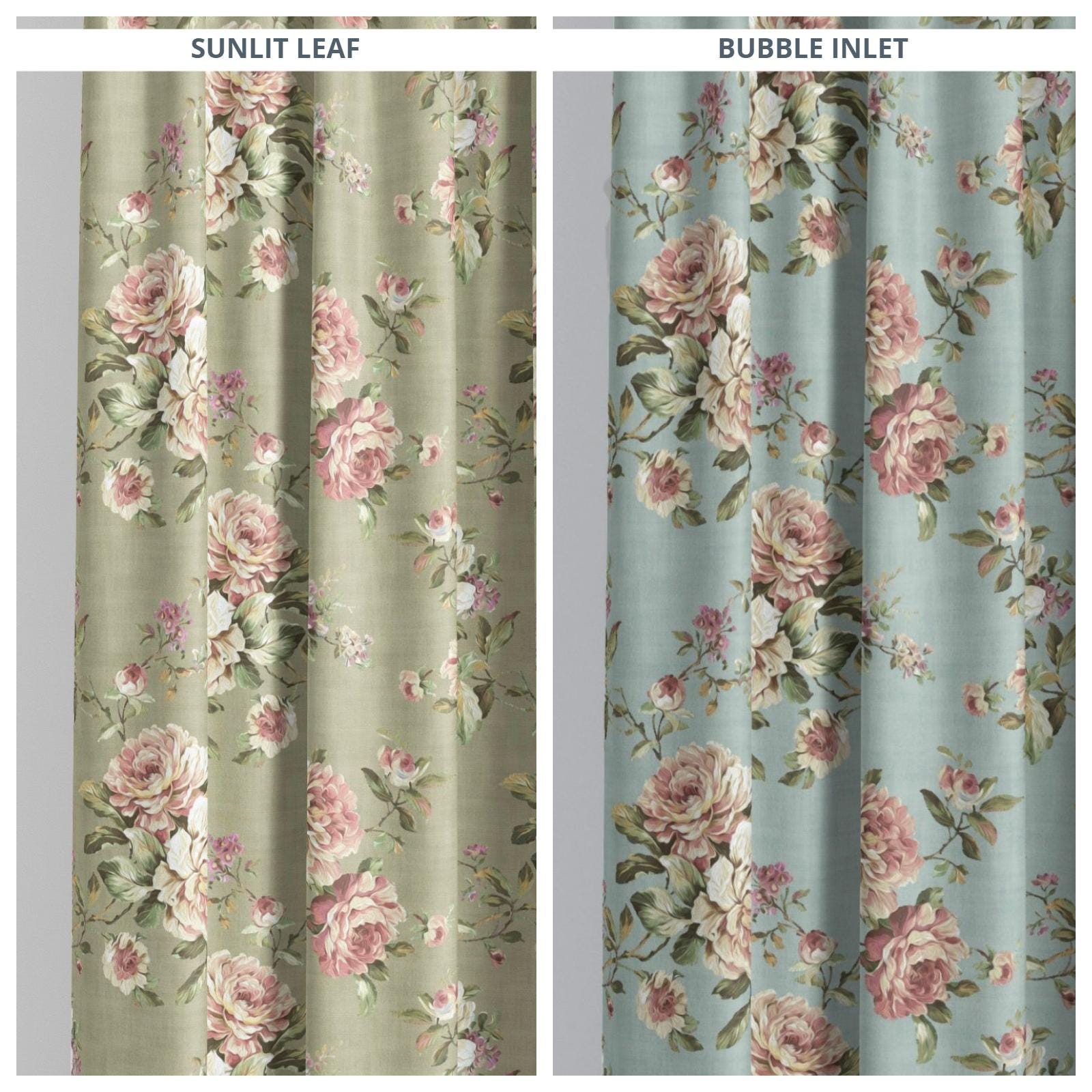 Classic English Floral Velvet Curtains. Custom Size Lined Window Drapes. Pinch Pleated or Casual. Blackout Add-On. Soft Green/ Blue/ Pink