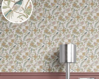 Birds/ Floral Wallpaper. Extra Wide Roll. High Grade/ Unpasted for Bedroom, Dining, Bath, Living, Nursery. Pink/ Yellow/ Green (Retro Attic)