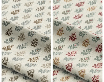 May include: Two fabric samples, one labeled "NAGANO" and the other "STRAWBERRY FIELDS." Both feature a repeating pattern of stylized, abstract shapes in various colors, including brown, blue, and red, set against a neutral background.