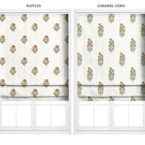 Block Print Floral Motif Roman Shades & Window Blinds. Custom Size - Long or Short. Relaxed or Flat Fold. Blackout Add-On. Off-White/ Orange