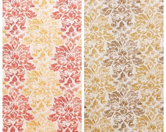 Tecido de algodão com estampa floral damasco, vendido por metro, ideal para cortinas, persianas romanas, venezianas, bandôs e decoração de interiores (vermelho, amarelo ocre e marrom mocha).