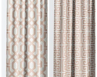 Blush Pink Trellis/ Greek Key Print Custom Size Lined Curtains & Window Drapes. Pinch Pleat Drapery Option. Blackout Add-On for Bedrooms.
