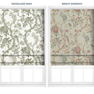 Toile/ Chinoiserie Floral/ Nature Bird Print Roman Shades. Custom Size Lined Window Blinds. Blackout Add-On. Gray Green/ Sage Green/ Red