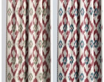 Ikat Geometric Custom Size Curtains. Lined Window Drapes. Pinch Pleat Drapery Option. Blackout Add-On. Red/ Green/ Blue