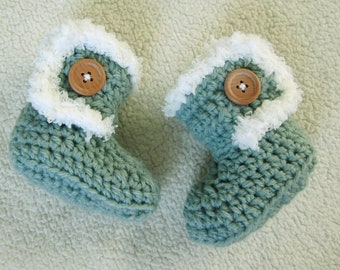 Crochet Baby Booties with Fur, Teal Baby Boots, Infant Baby Shoes, Gender Neutral Baby Gift, Baby Girl Boots, Baby Boy Booties