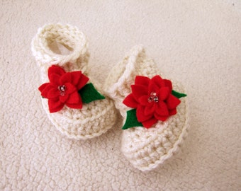 Christmas Baby Booties, Baby's First Christmas, Poinsettia Infant Shoes, Baby Girl Christmas, Crochet Christmas Booties, Holiday Booties