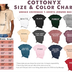 May include: A size and color chart for unisex crewneck t-shirts. The chart displays various t-shirt colors, including white, black, forest green, and heather gray. A size chart shows measurements from XS to 4XL, with widths ranging from 16" to 30" and lengths from 27" to 34".