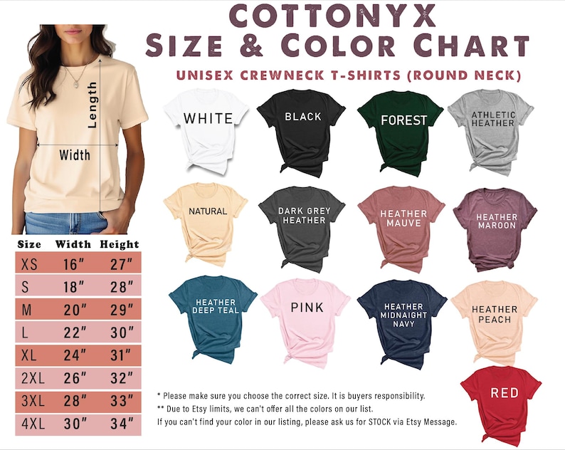 May include: A size and color chart for unisex crewneck t-shirts. The chart displays various t-shirt colors, including white, black, forest green, and heather gray. A size chart shows measurements from XS to 4XL, with widths ranging from 16" to 30" and lengths from 27" to 34".