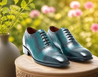 Handmade Leather Oxford Shoes: Aqua Green Mens Dress Shoes