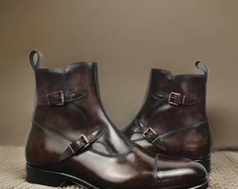 Handmade Chocolate Brown Monks Double Buckle Strap High Ankle Leather Boots