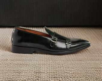 Mens Polished Calf Leather Double Buckle Monk Shoes Low Cut Leather Sole Loafers