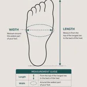 May include: An instructional diagram titled HOW TO MEASURE YOUR FOOT with a black outline of a human foot. It includes arrows indicating length from toe to heel and width at the widest part, plus a measurement guide table and a list of tips.