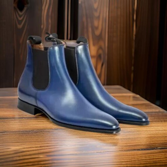 Men's Handmade Navy Blue Genuine Leather Chelsea