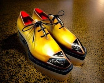 Handmade Yellow Leather Dress Shoes: Wholecut Oxford Shoes