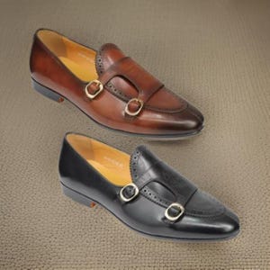 Mens Real Leather Loafers Brogue Punch Hole Smart Office Double Monk Strap Shoes