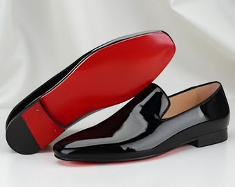 New Handmade Black Patent Leather Loafers, Red Bottom Prom Wedding Shoes