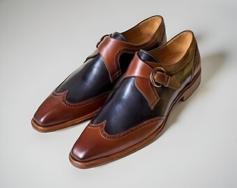 andmade Herren Leder Zwei Ton Braun und Blau Monk Straps Formelle Schuhe