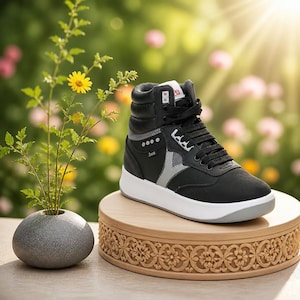 Puede incluir: Una zapatilla alta de color negro con entresuela blanca y detalles en gris. El calzado cuenta con cordones negros, cuello acolchado y una pequeña etiqueta lateral con el texto "Smak". La etiqueta de la lengüeta muestra el texto rojo "Pis" y "DL".