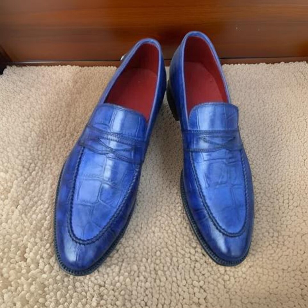 loafer genuine calf leather men dress shoes blue Bespoke Shoes, Pure Moccasin Slip on Formal _okendo:syndication_key:CL136097002