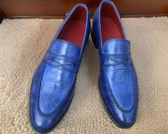 Buty wizytowe na zamówienie, mokasyny ze skóry naturalnej w kolorze niebieskim, wsuwane, formalne buty