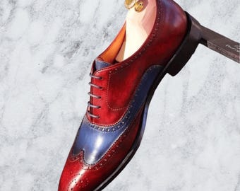 Handmade Men Two Tone Wingtip Oxford Shoes Genuine Leather Patina Finish Shoes