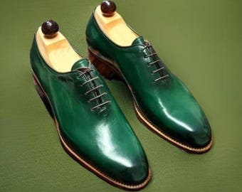 New Handmade Men's Green Patina Leather Full Cut Oxford Lace Up Shoes