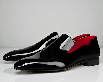 Handmade Patent Leather Loafer Casual Shoes for Men with Red Sole,Red Bottom