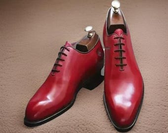 Scarpe eleganti da festa in vera pelle fatte a mano, stile Oxford, con lacci e punta derby rossa