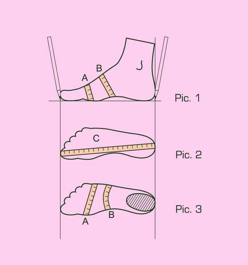 Puede incluir: Diagrama que ilustra c&oacute;mo medir un pie para determinar la talla de calzado. La imagen muestra tres vistas diferentes de un pie con cintas m&eacute;tricas y l&aacute;pices. Se incluye el texto "Pic. 1", "Pic. 2" y "Pic. 3".