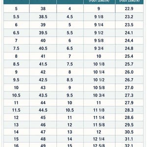 Puede incluir: Una tabla de conversi&oacute;n de tallas de calzado titulada MEN'S SHOE SIZE CONVERSION CHART. La tabla enumera tallas de EE. UU., UE y Reino Unido junto con medidas de longitud de pie en pulgadas y cent&iacute;metros. Incluye ilustraciones de zapatos.