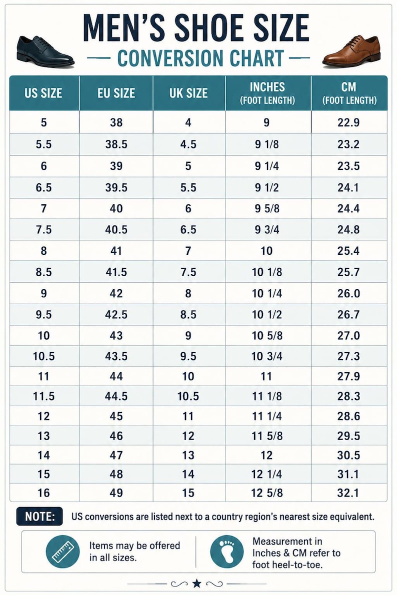 Puede incluir: Una tabla de conversi&oacute;n de tallas de calzado titulada MEN'S SHOE SIZE CONVERSION CHART. La tabla enumera tallas de EE. UU., UE y Reino Unido junto con medidas de longitud de pie en pulgadas y cent&iacute;metros. Incluye ilustraciones de zapatos.