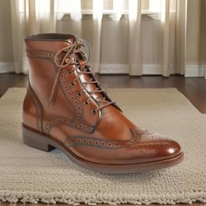 Men Brown Wingtip Brogue Lace Up Boots, Men Ankle Leather Boot, Men&#39;s Boots