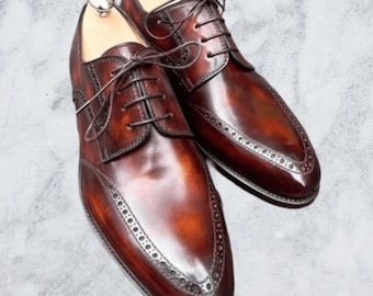 NEW-Handmade Men's Fashion Two Tone Patina Brogue Wingtip Dress Shoes For Men
