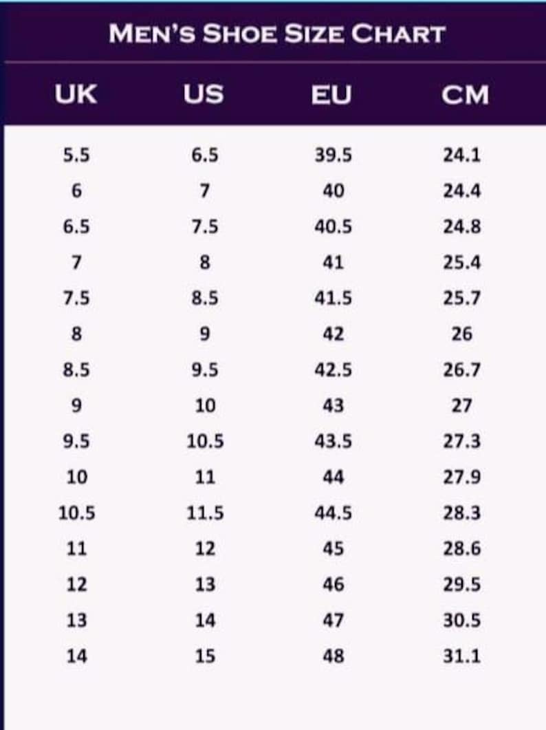May include: A shoe size conversion chart showing UK, US, EU, and CM sizes. The chart lists sizes from 5.5 to 14 in UK, 6.5 to 15 in US, 39.5 to 48 in EU, and 24.1 to 31.1 in CM.