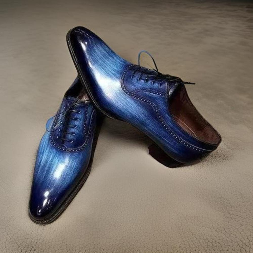 Men's Pure Handmade Blue Patina Leather Lace up Oxford Dress Formal Shoes