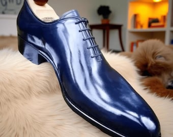 New Handmade Men's Blue Leather Oxford Whole Cut Lace Up Dress Formal Shoes