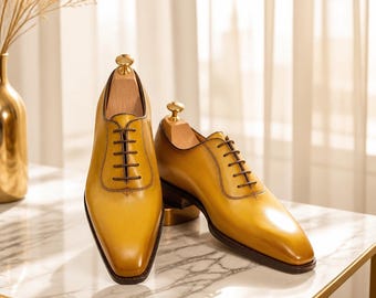 Handmade Yellow Leather Oxford Shoes: Men's Formal Dress Shoes