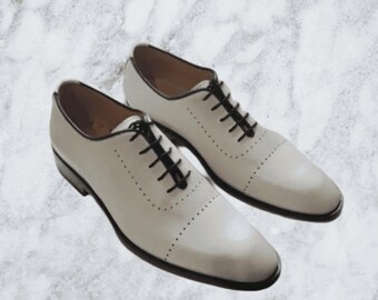 Handmade White Leather Oxford Shoes: Men's Formal Dress Shoes
