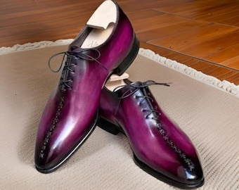 Handmade Purple Leather Brogue Oxford Shoes: Two-Tone Lace-Up