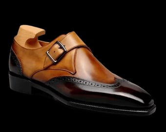 Handcrafted Two Tone Leather Single Monk Strap Wingtip Slip-On Men Dress Shoes